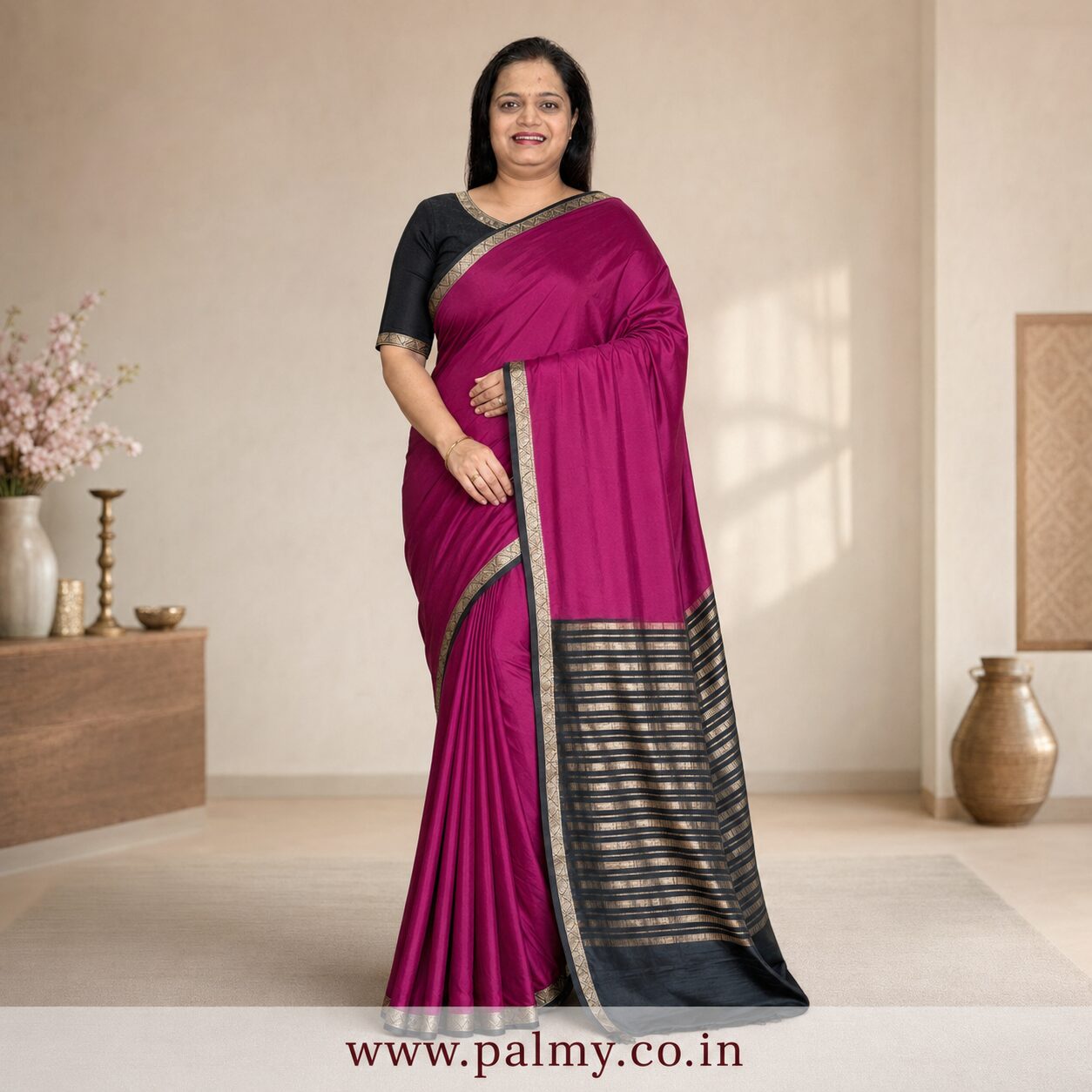 Plain Deep Magenta Pink Mysore Silk Saree with Black Border & Gold Striped Pallu