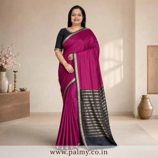 Plain Deep Magenta Pink Mysore Silk Saree with Black Border & Gold Striped Pallu