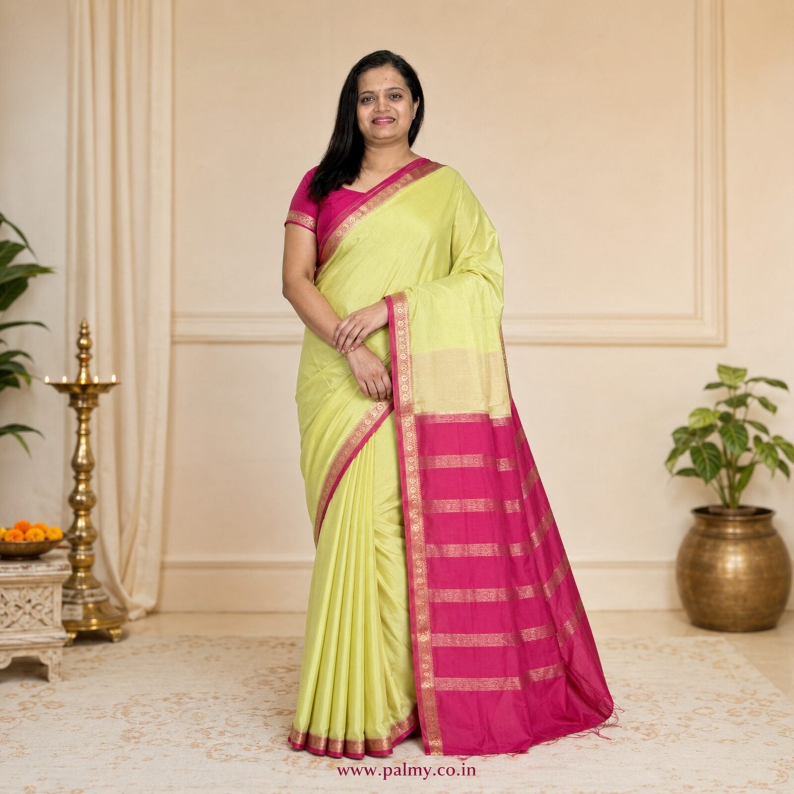 Plain Lime Yellow Mysore Silk Saree with Rani Pink Border & Pallu with Gold Stripes