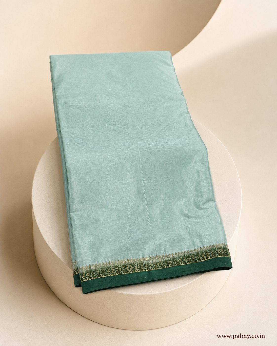 Plain Mint Blue Mysore Silk Saree with Emerald Green Border & Pallu with Gold Stripes