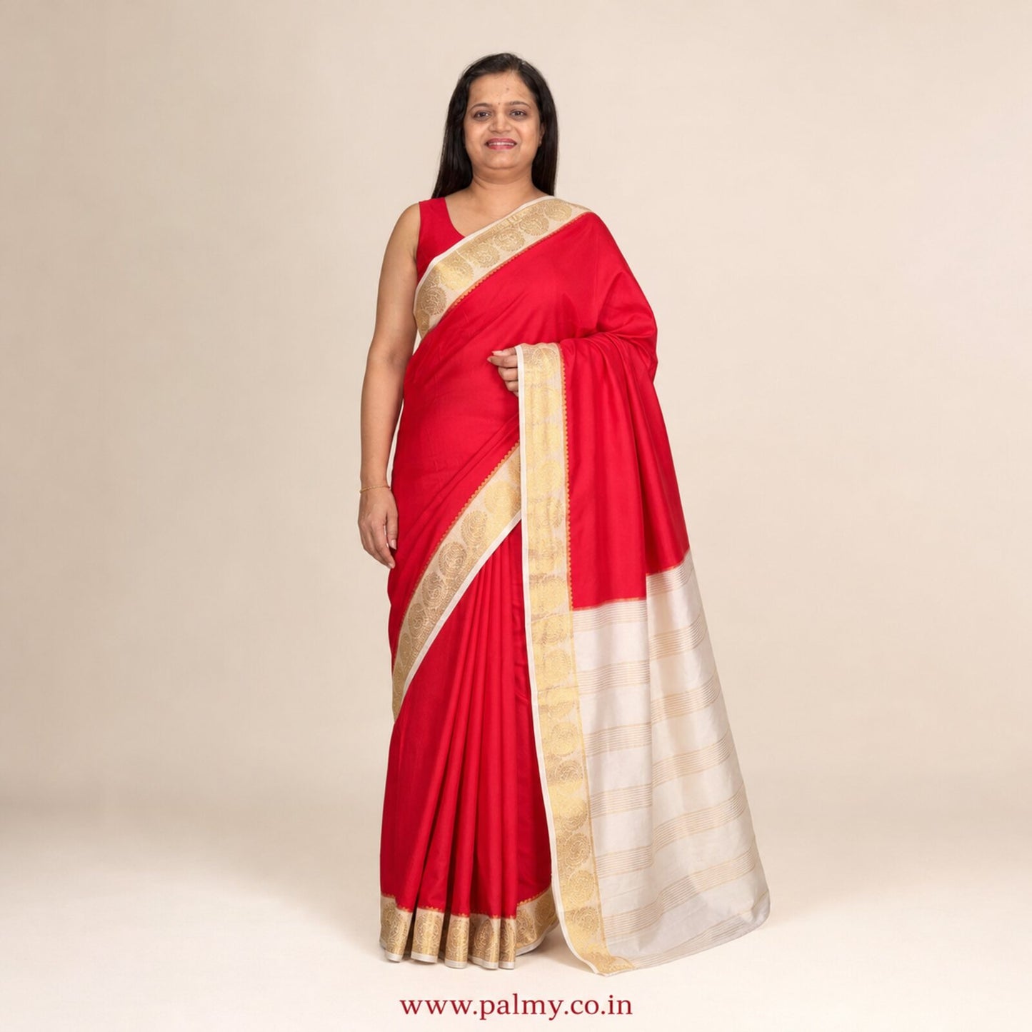 Plain Vivid Red Mysore Silk Saree with Cream Gold Border