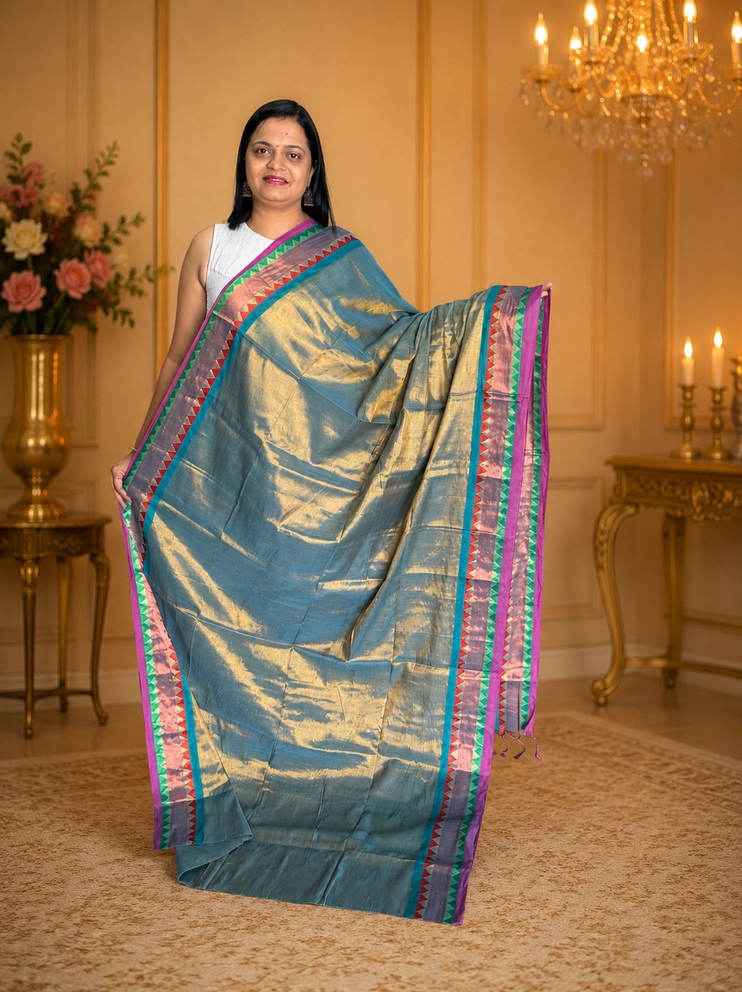 Platinum Grey Gold Soft Tissue Jacquard Saree Festive Wear