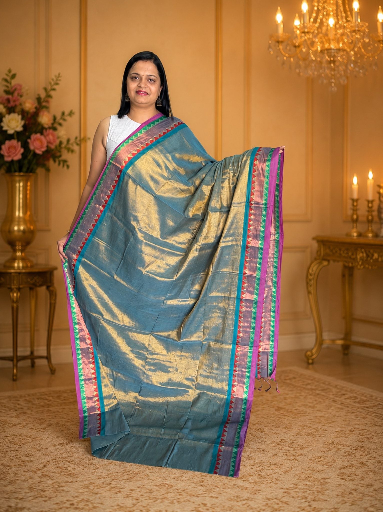 Platinum Grey Gold Soft Tissue Jacquard Saree Festive Wear