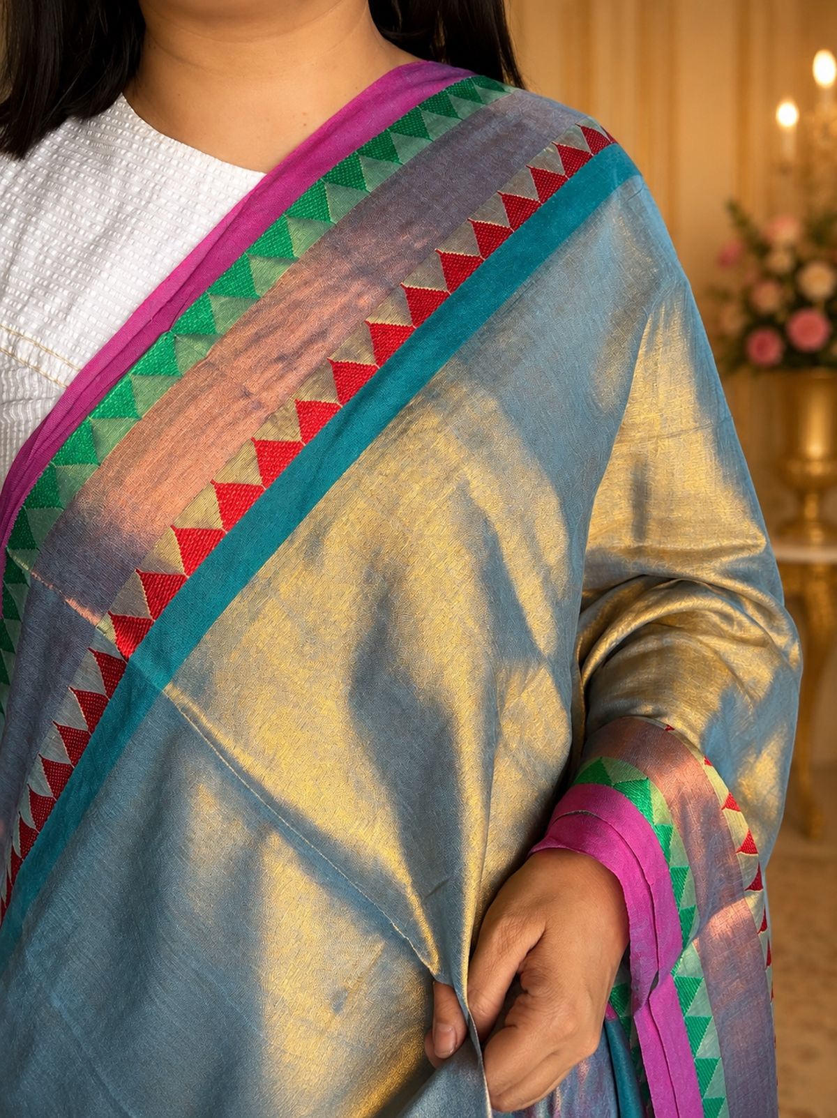 Platinum Grey Gold Soft Tissue Jacquard Saree Party Wear Saree