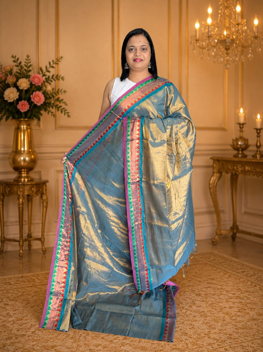 Platinum Grey Gold Soft Tissue Jacquard Saree with Multicolor Temple Border