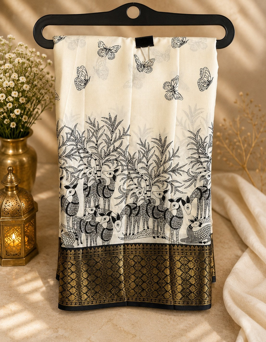 Black & White Printed Tussar Silk Saree with Rich Pallu