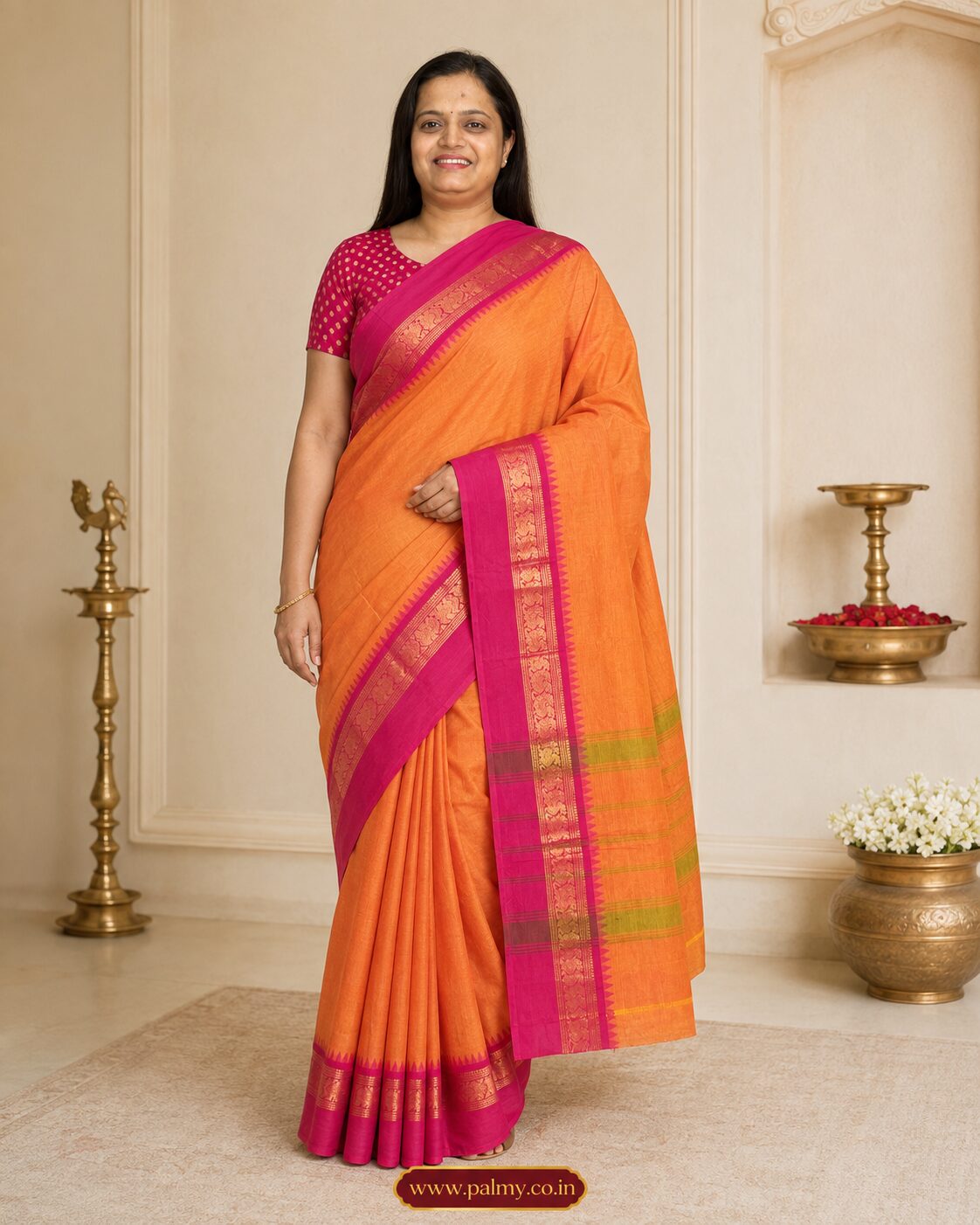 Pure 80 Count Chettinad Cotton Saree in Rust Orange with Rani Pink Peacock Border & 2 Blouses