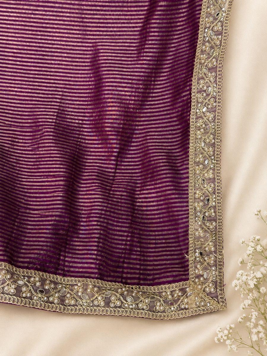 Dark Magenta Purple Banarasi Soft Tissue Silk Saree with Stripe Weaving & Designer Pearl Lace Border