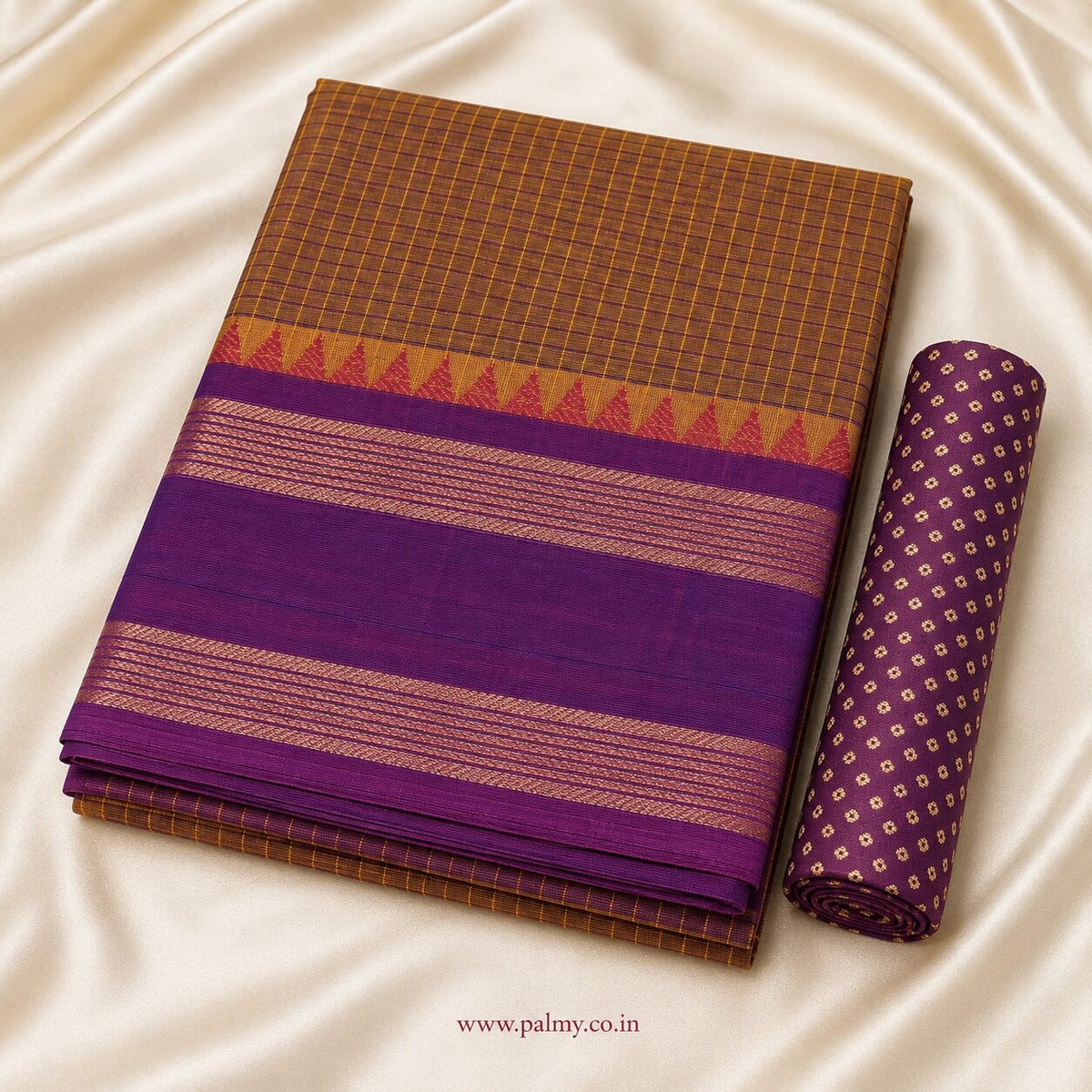 Purple Checked South Indian cotton saree online under  3000