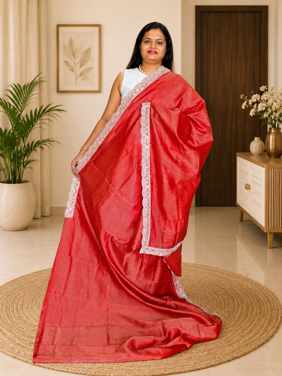 Vermilion Red Banarasi Soft Tissue Silk Saree with Stripe Weaving & Designer Pearl Lace Border