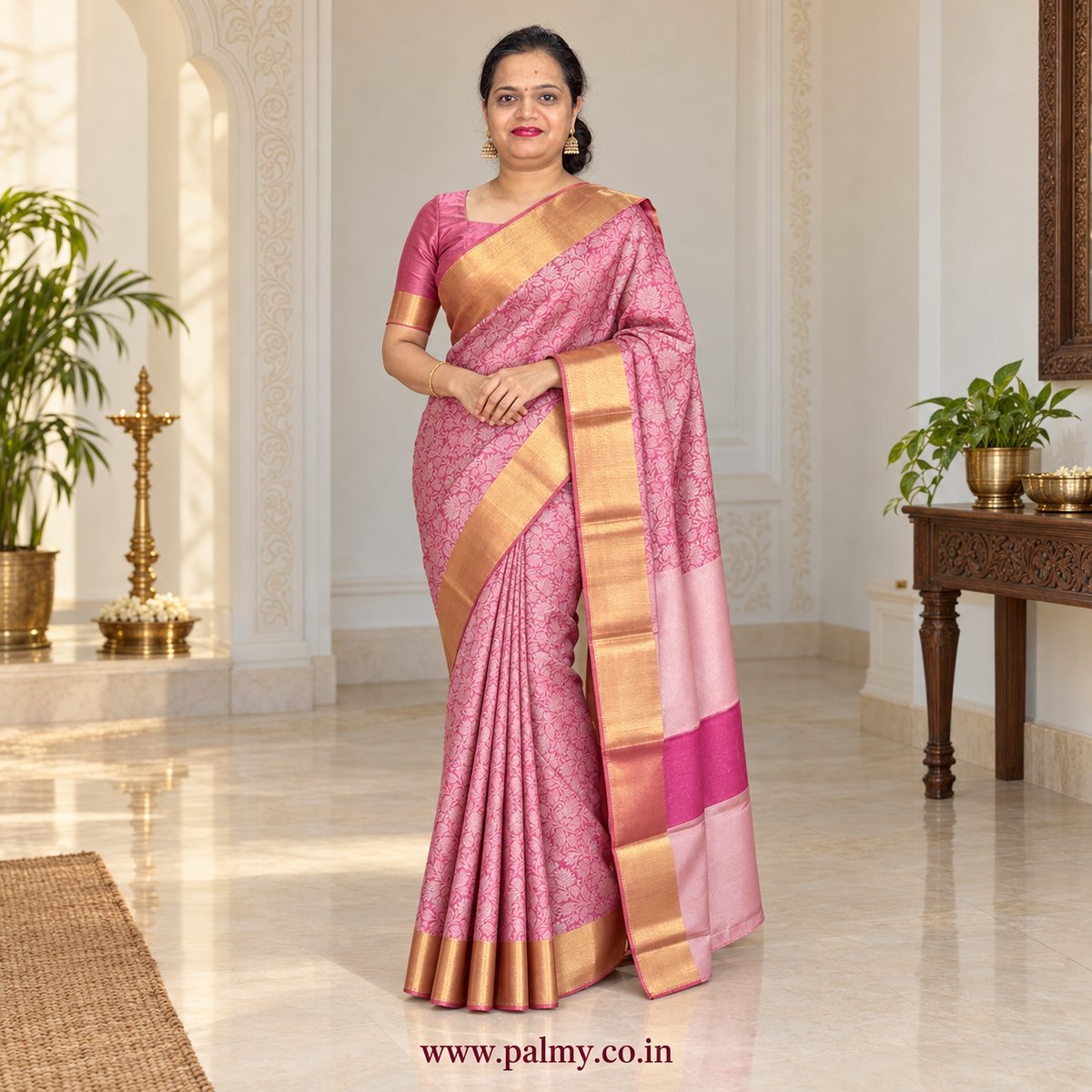 Rose Pink Semi Katan Silk Saree with Floral Weave & Gold Border