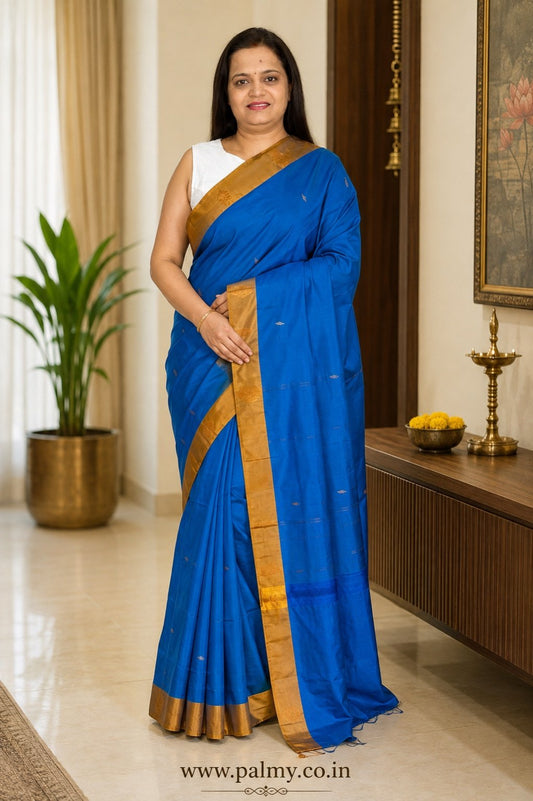 Royal Blue Arani Pattu Saree with Antique Gold Border & Butti Design