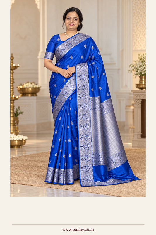 Royal Blue Banarasi Katan Mashru Silk Saree with Silver Paisley Border