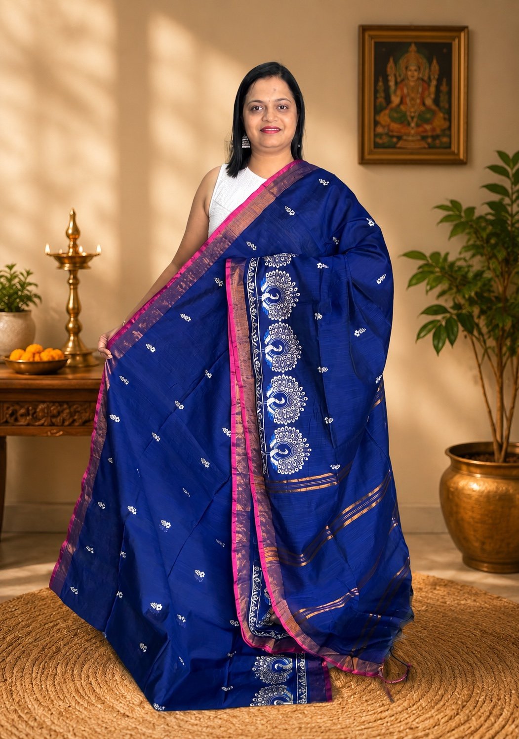Royal Blue Cotton Silk Saree with Peacock Embroidery & Antique Gold-Rani Pink Border