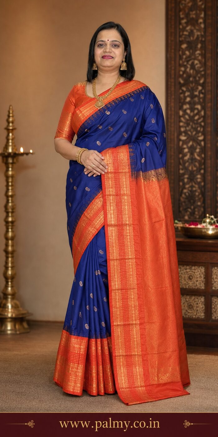 Royal Blue Kanchi Korvai Silk Saree with 8-Inch Broad Orange-Red Zari Border