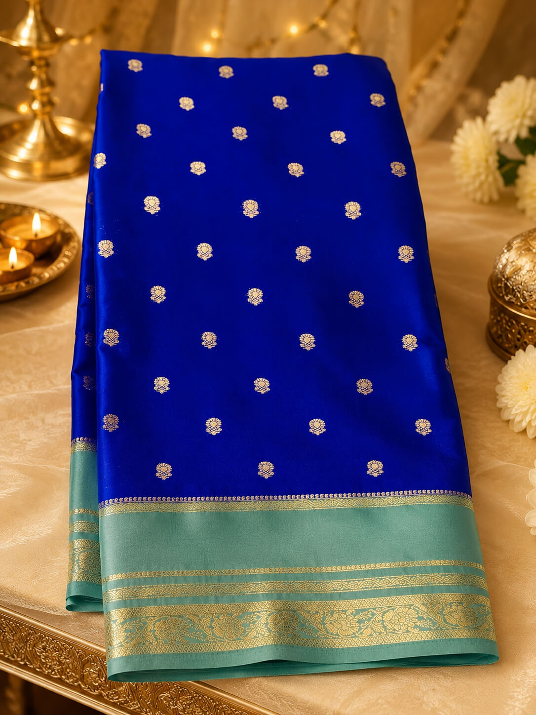 Royal Blue Mysore Silk Saree with Sea Green Zari Border