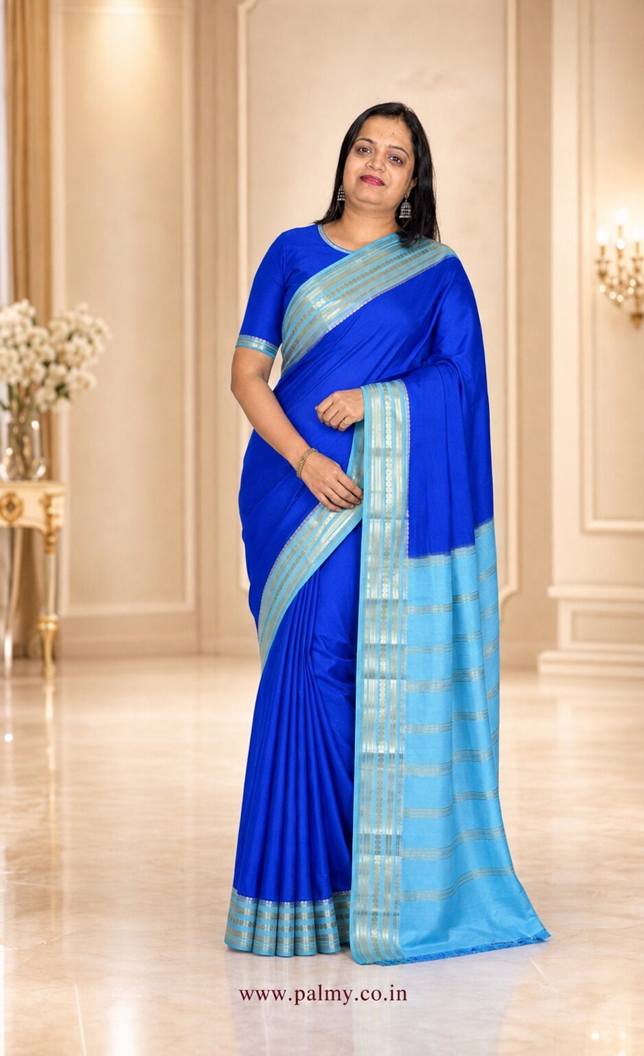 Royal Blue Mysore Silk Saree with Aqua Blue Gold Zari Border