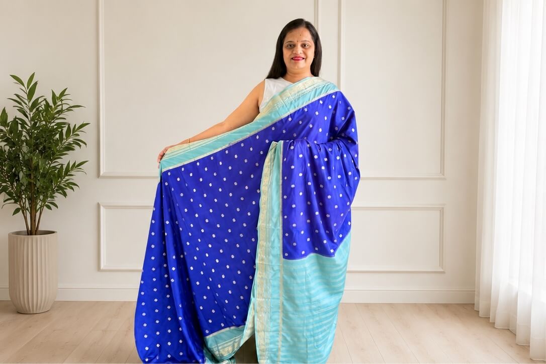 Royal Blue Mysore Silk Saree with Sea Green Zari Border