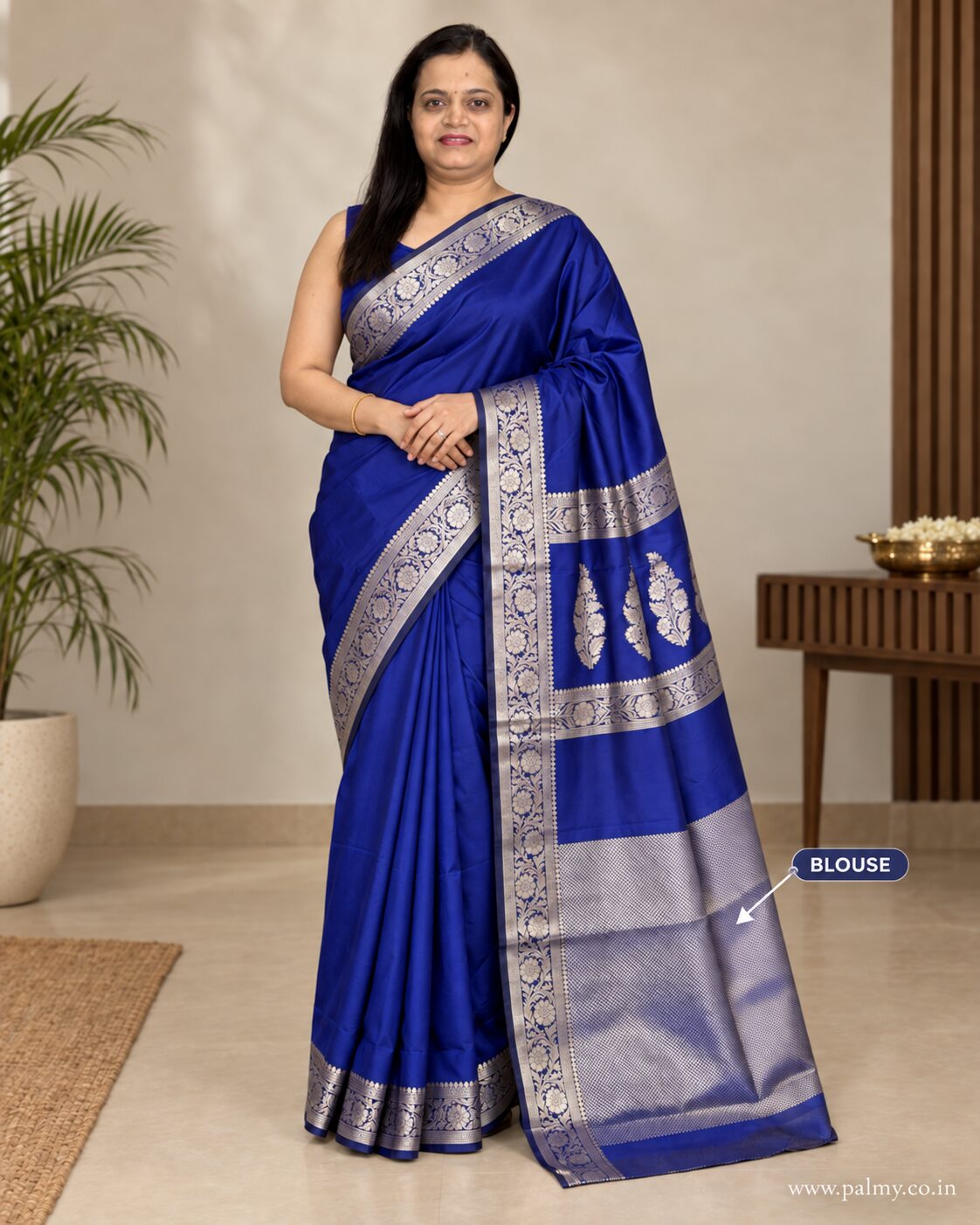 Royal Blue Plain Banarasi Soft Katan Silk Saree with Silver Zari Border