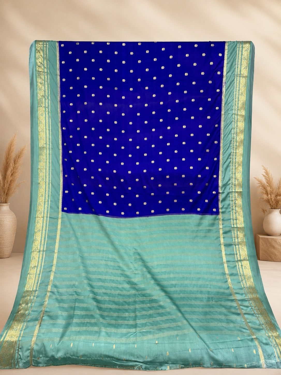 Royal Blue Mysore Silk Saree with Sea Green Zari Border