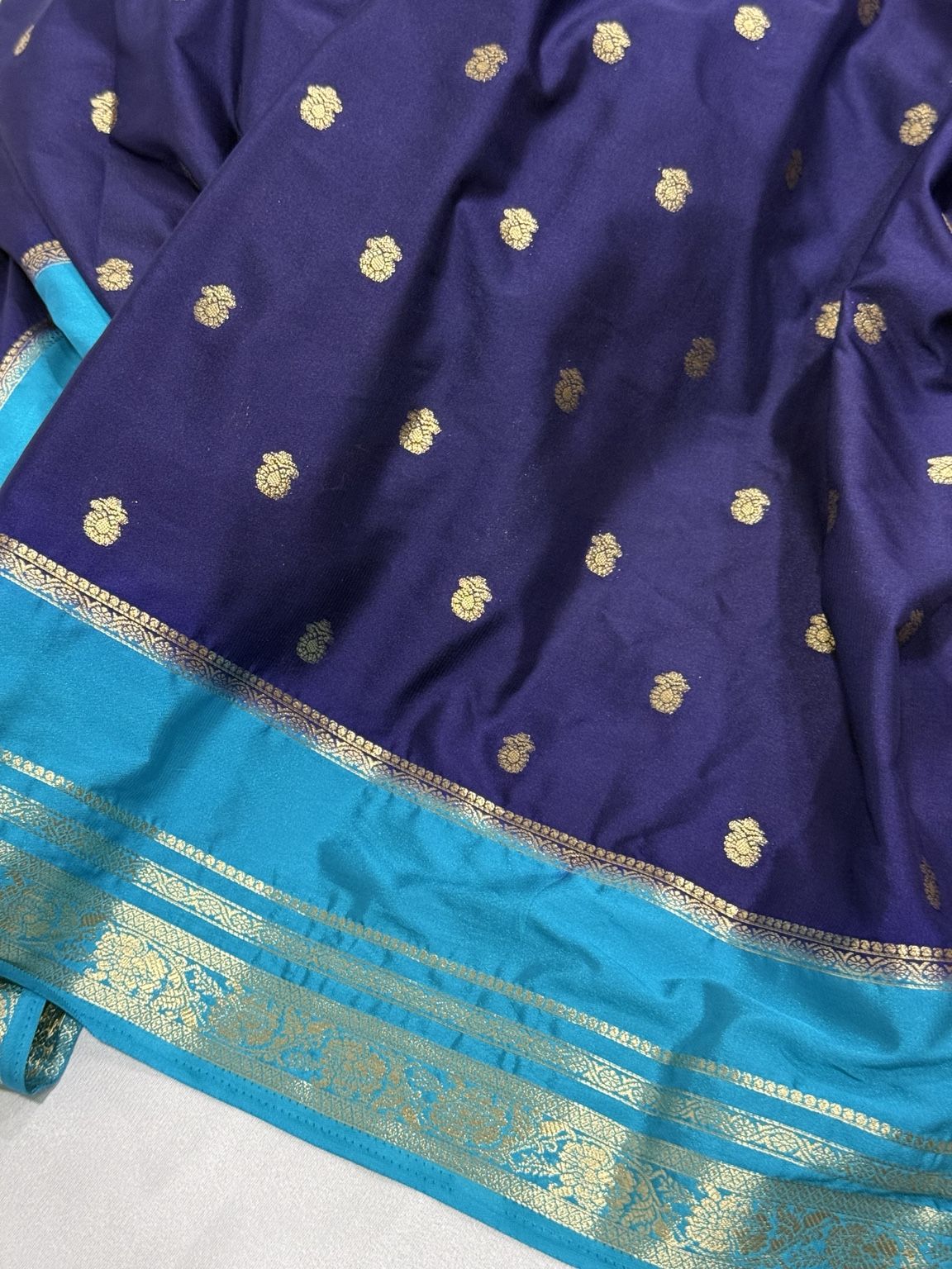 Royal Navy Blue Soft Mysore Silk Saree with Turquoise Blue Zari Border