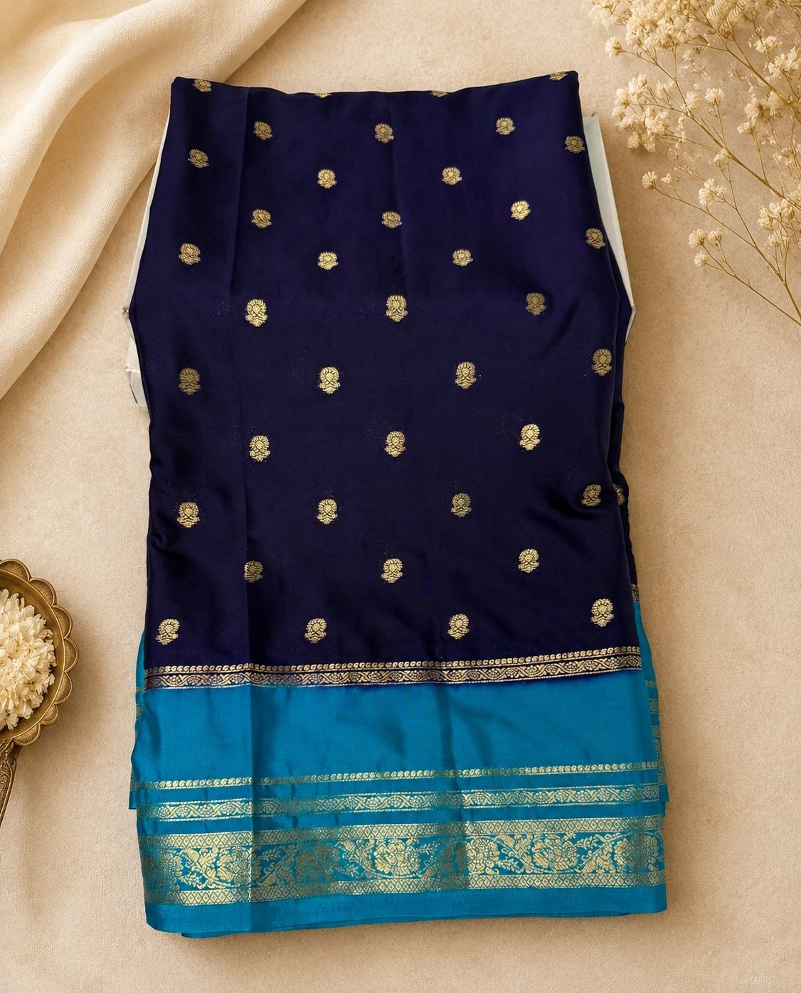 Royal Navy Blue Soft Mysore Silk Saree with Turquoise Blue Zari Border