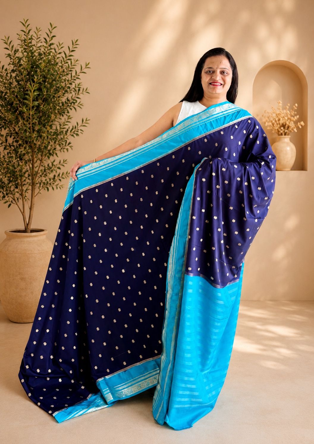 Royal Navy Blue Soft Mysore Silk Saree with Turquoise Blue Zari Border