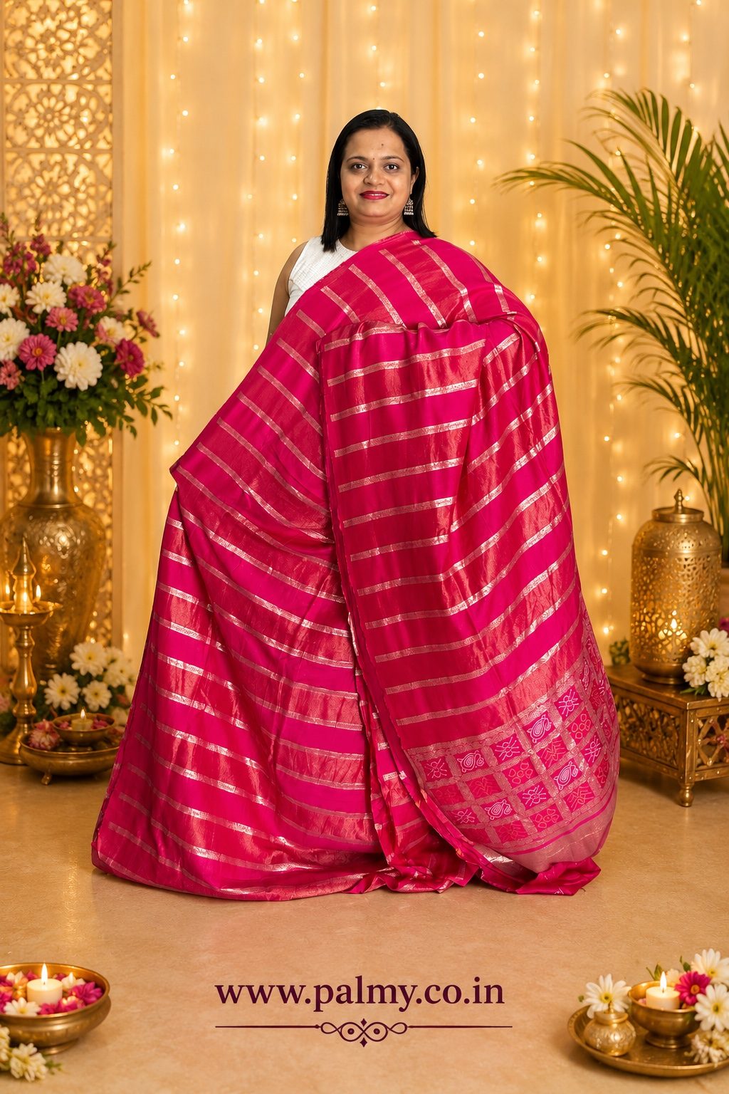 Ruby Pink Heavy Dola Silk Saree with Golden Zari Stripes & Woven Pallu