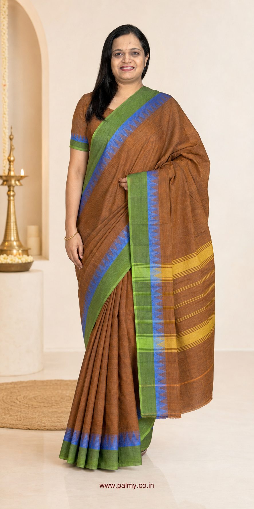 Rust Brown Pure Chettinad 80 Count Cotton Saree with Leaf Green Border (without Blouse)