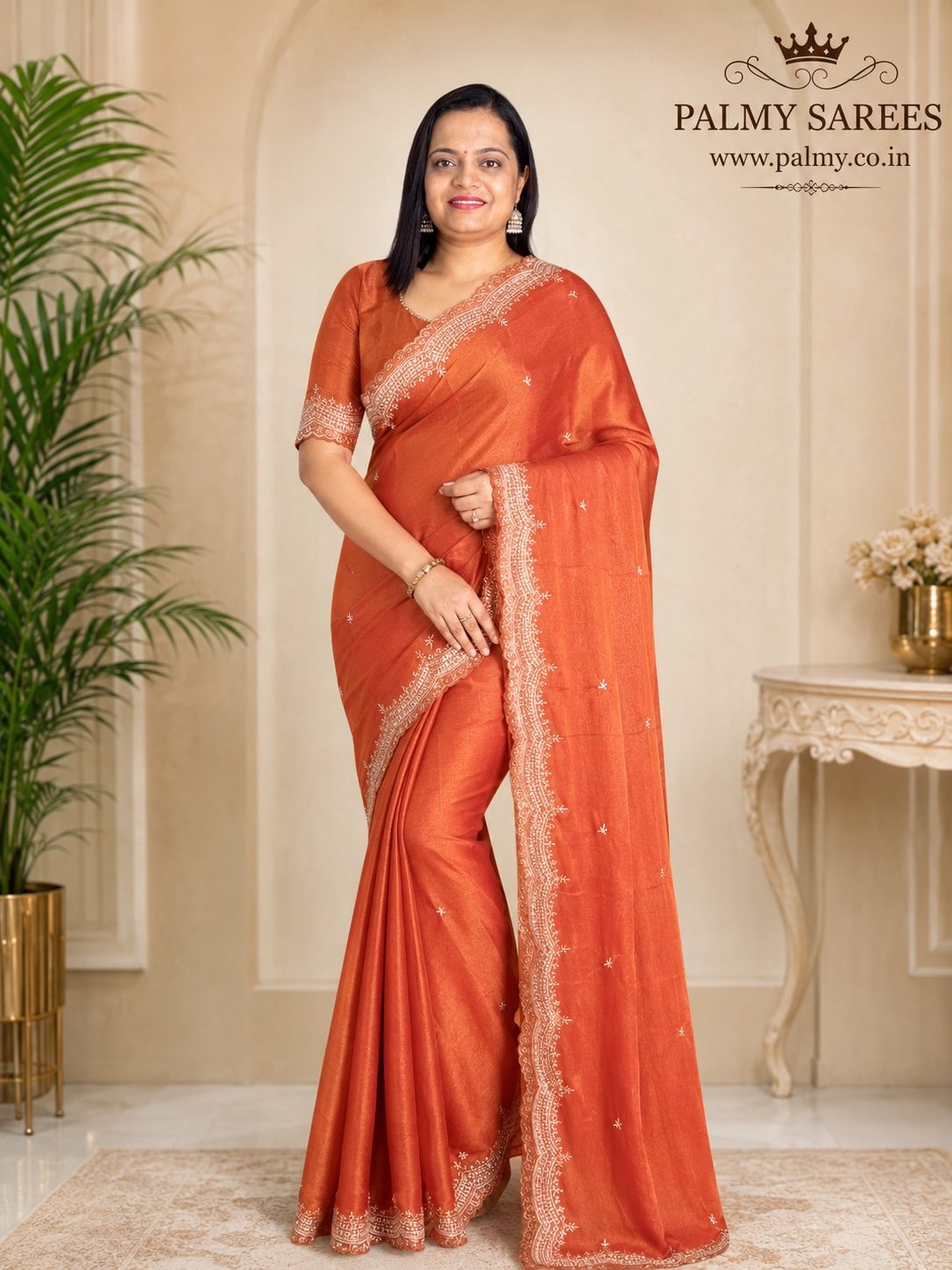Rust Copper Moss Chiffon Saree with Designer Scallop Border
