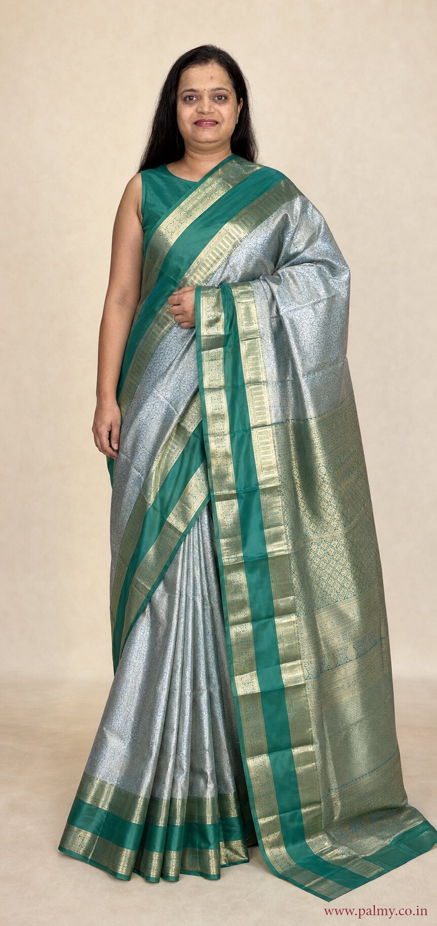 Silver Aqua Green Kanchi Bridal Silk Saree with Emerald Green Border & Rich Pallu