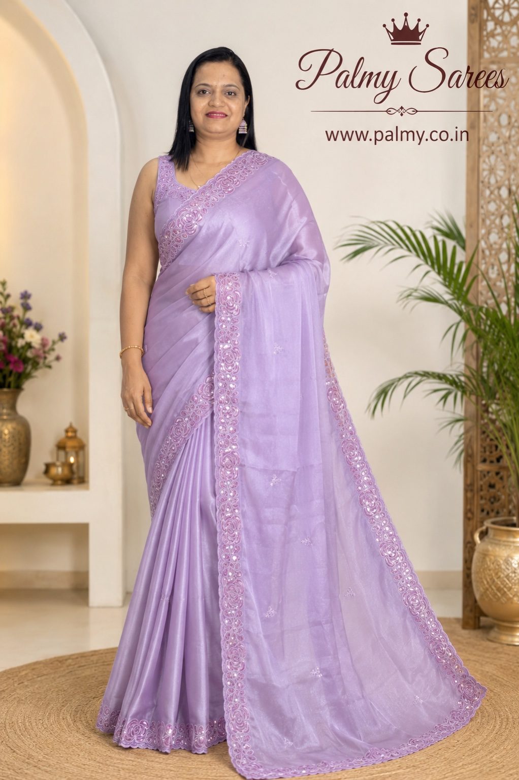 Soft Lavender Purple (Lilac) Shimmer Tissue Saree with Floral Cording Embroidery & Sequin Border