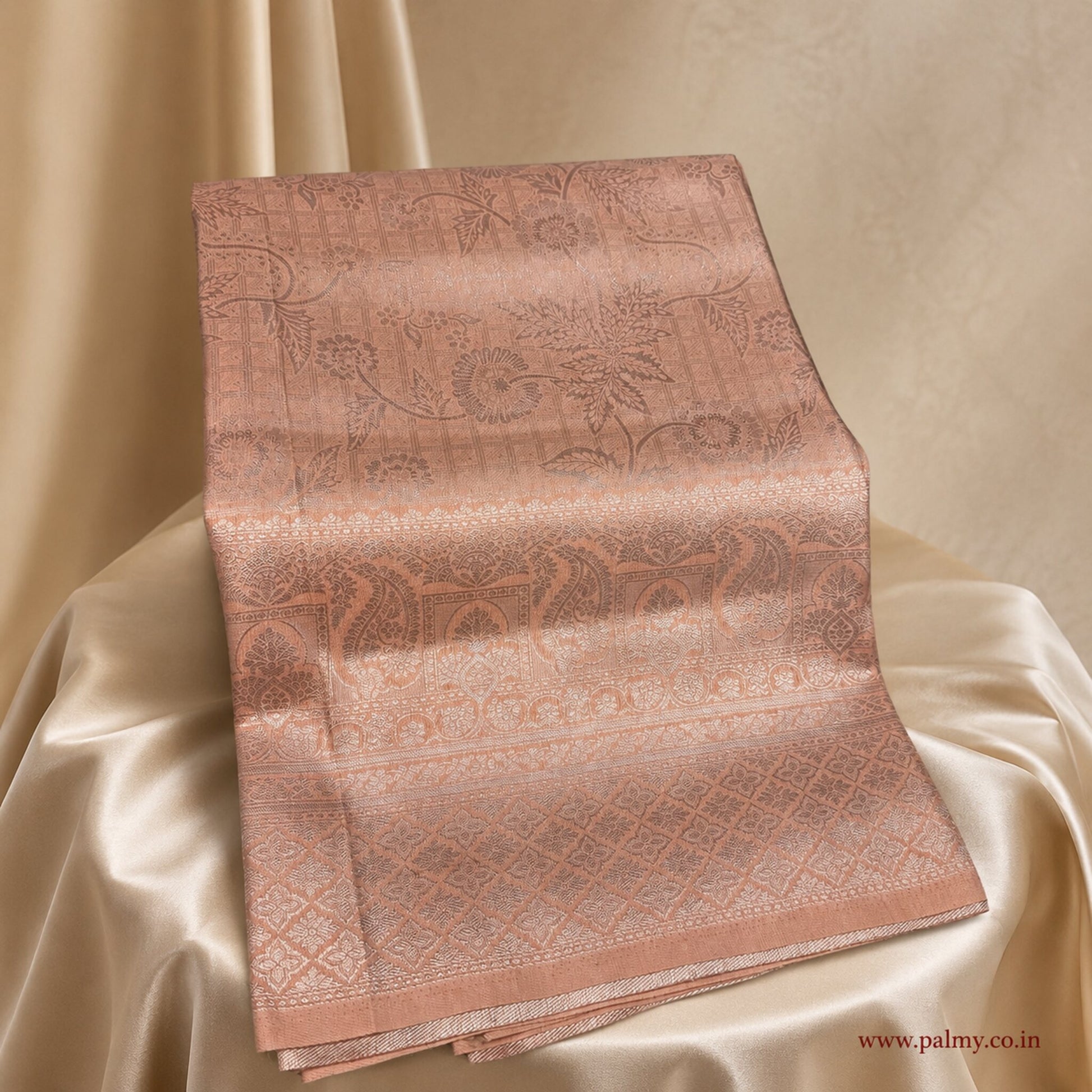Soft Peach Pink Woven Tussar Silk Saree with Rich Pallu & Contrast Green Blouse
