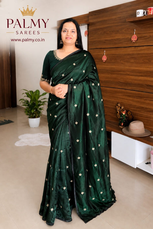 Space Silk Bottle Green Saree with Gold Butta Work | Elegant Party & Festive Wear Saree