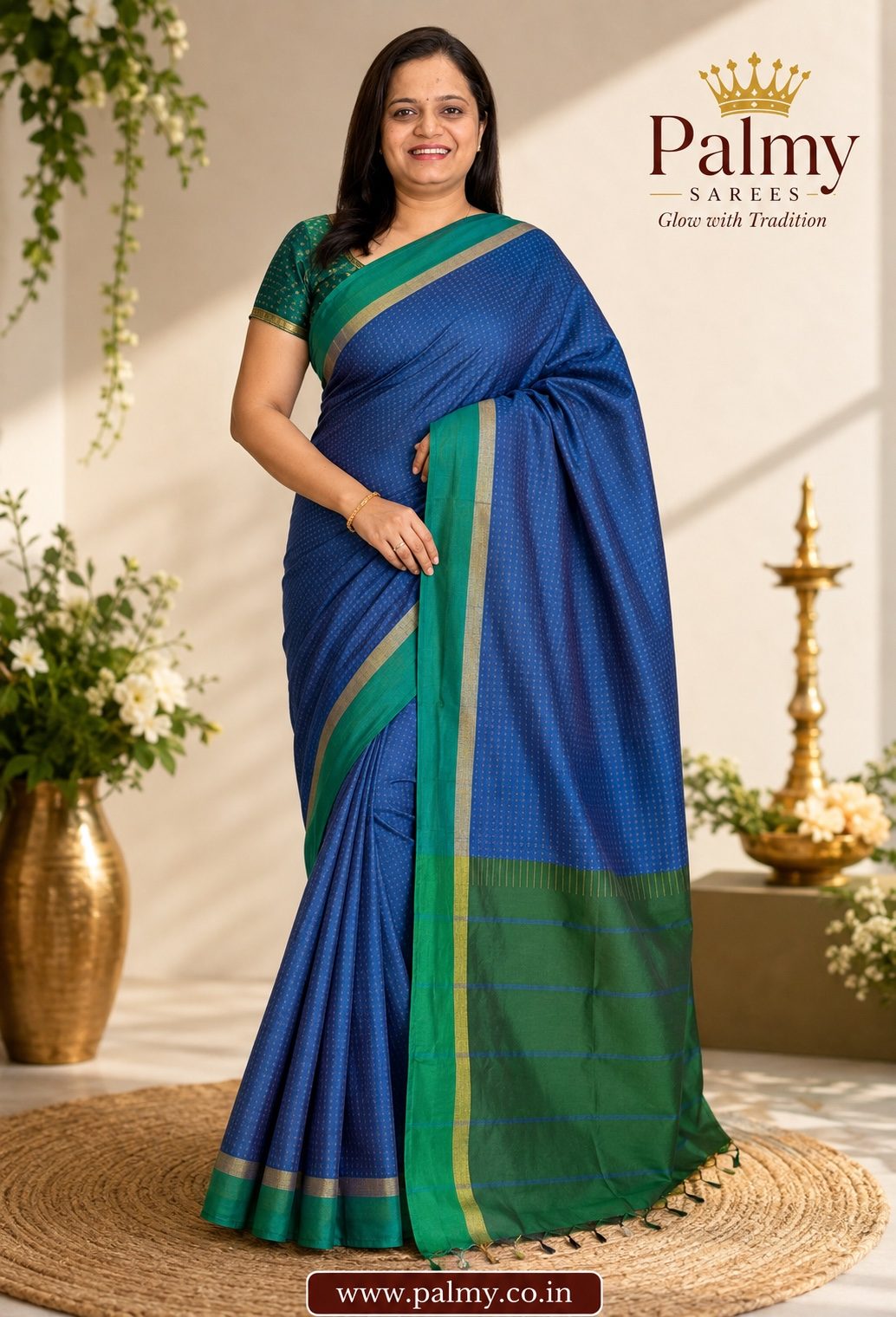 True Blue Arani Pattu Thread Butta Saree with Emerald Green Border