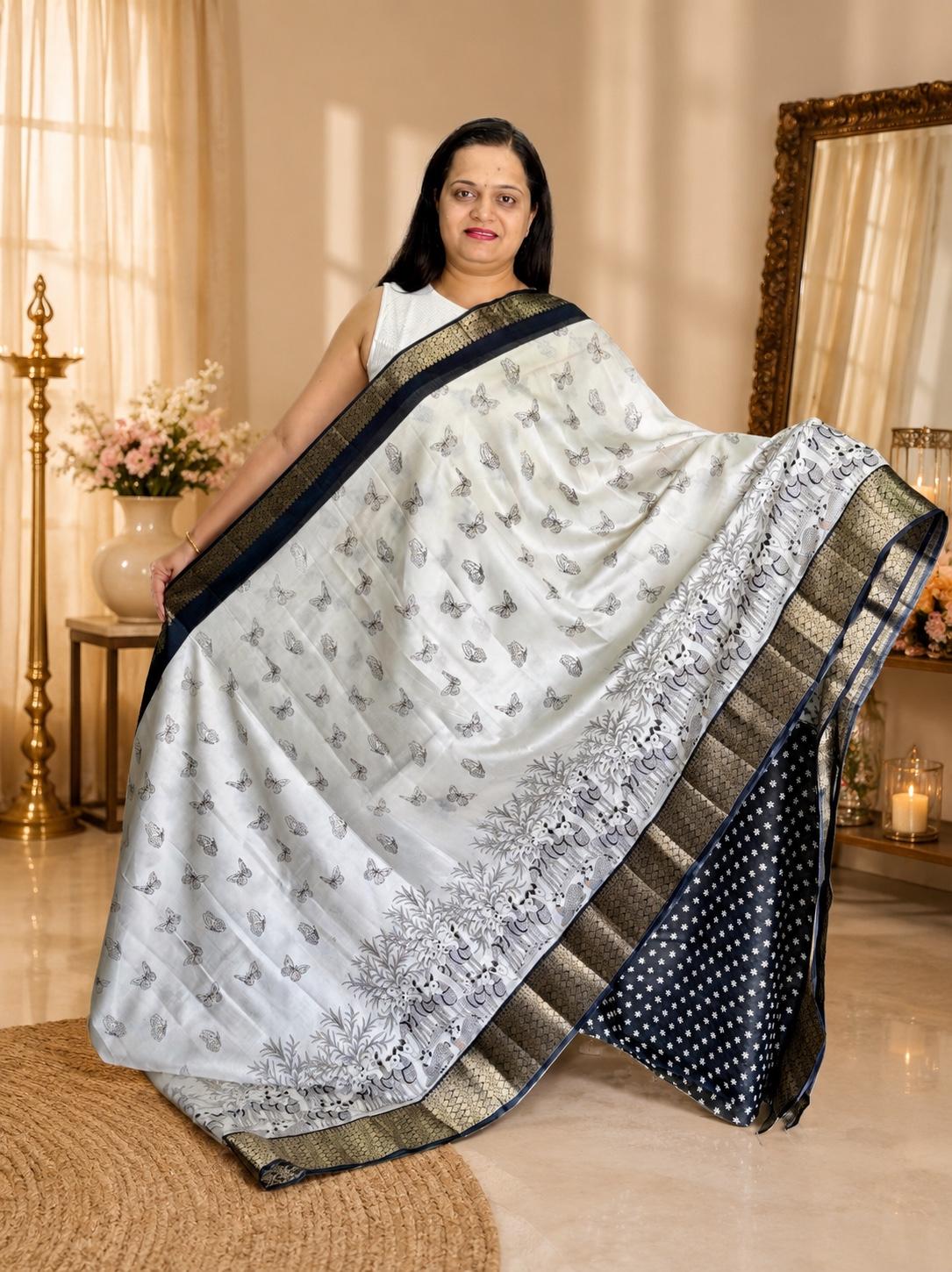 Black & White Printed Tussar Silk Saree with Rich Pallu