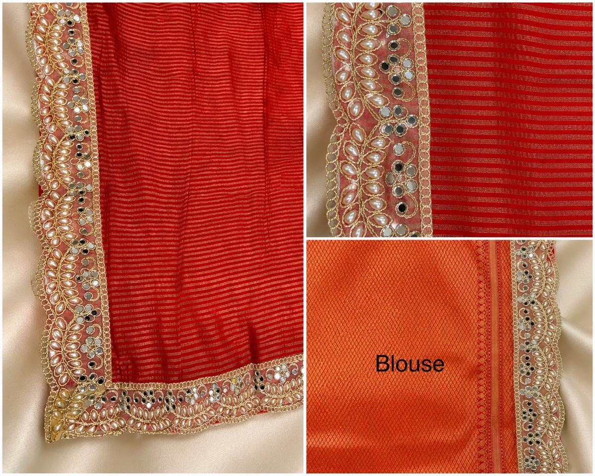 Vermilion Red Banarasi Soft Tissue Silk Saree with Stripe Weaving & Designer Pearl Lace Border