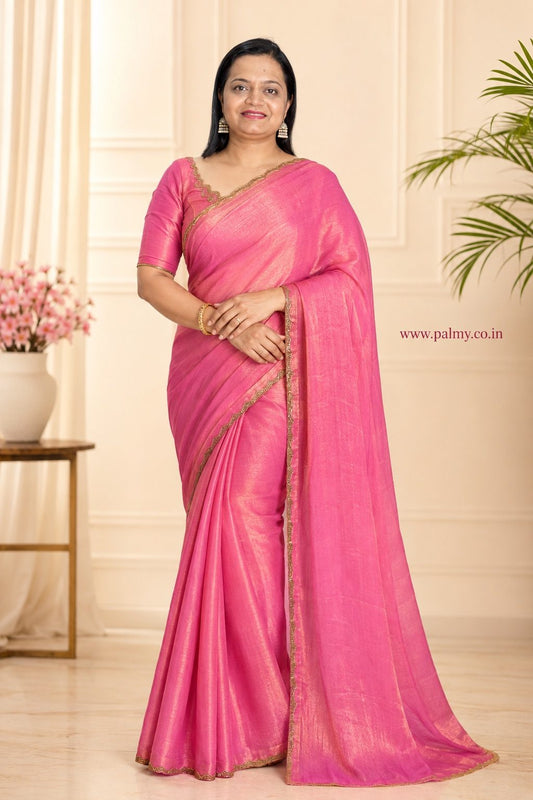 Watermelon Pink Dual Tone Plain Fandy Chiffon Saree with Golden Sheen & Lace Border