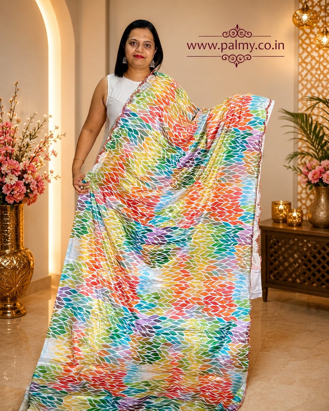 White Chinon Designer Saree with Multicolor Digital Leaf Print & Reflective Cutwork