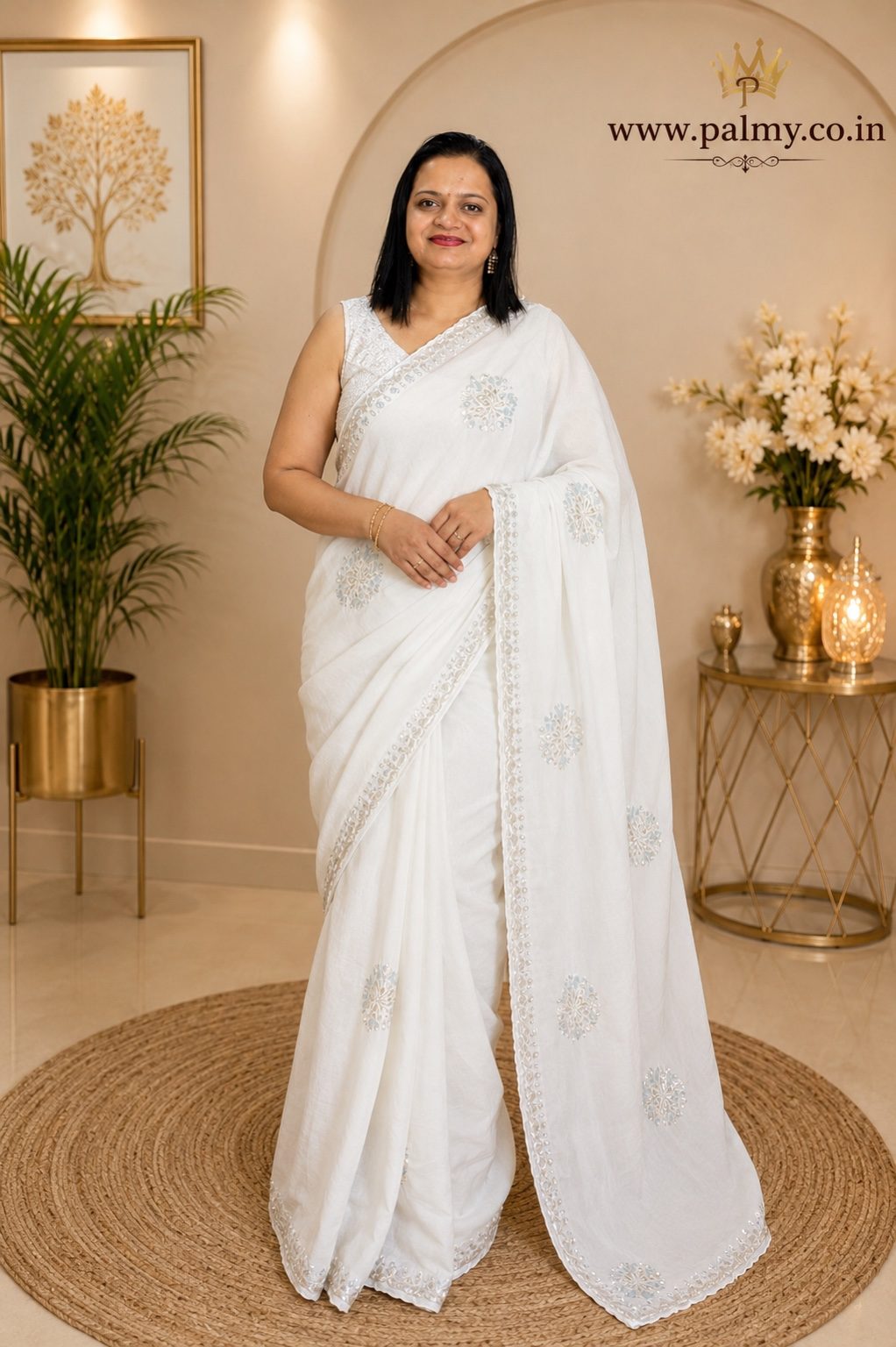 White Crush Silk Saree with Sequin Cutwork & Handwork | Designer Blouse