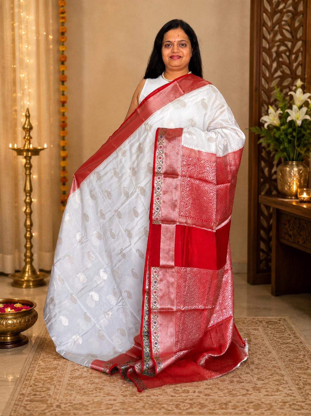 White Red Banarasi Pooja Saree