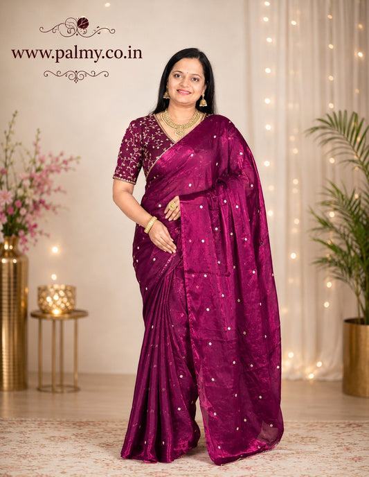 Wine Magenta Space Fendy Satin Saree with Multi Sequin Embroidery & Heavy Blouse | Palmy Sarees