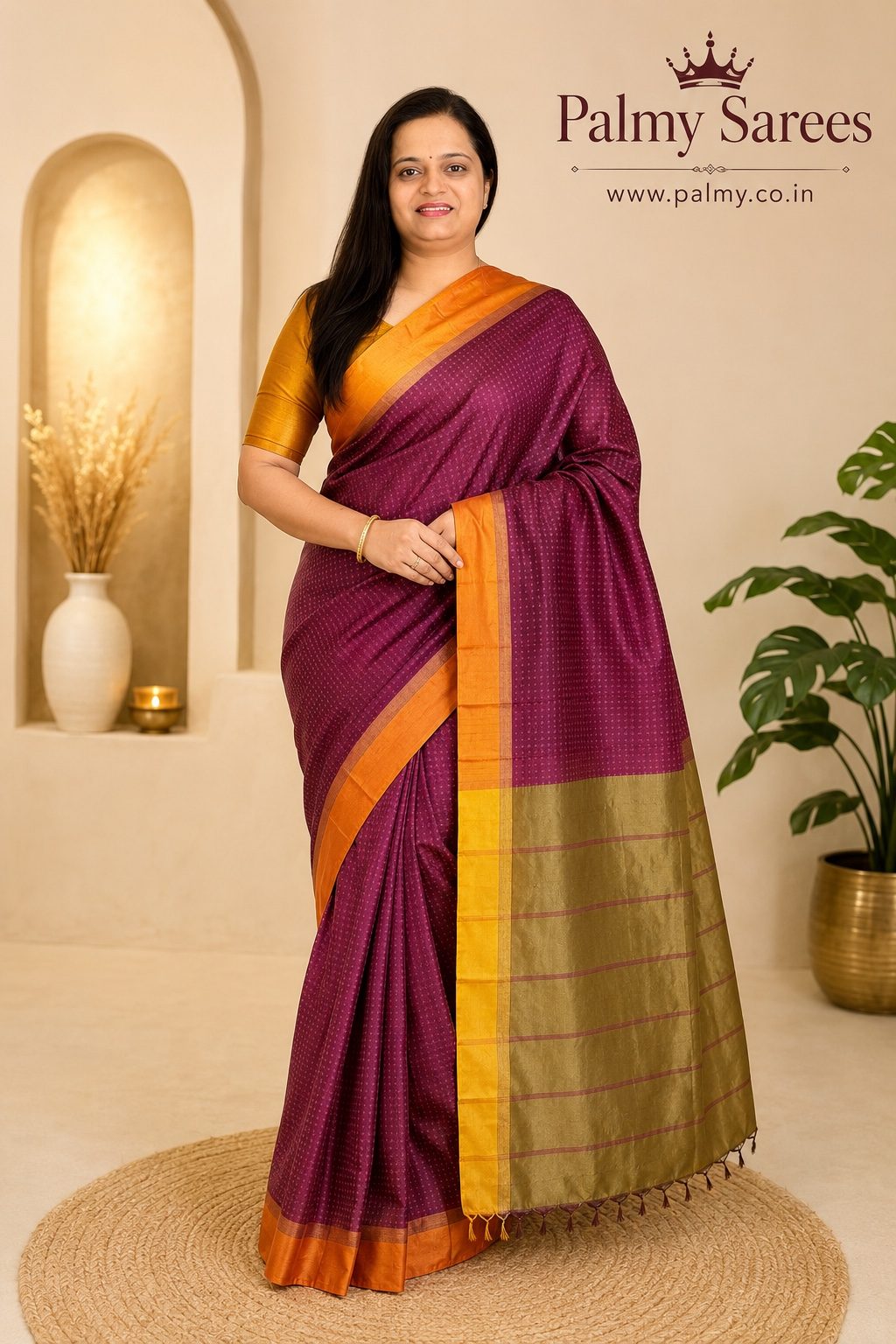 Wine Purple Arani Pattu Thread Butta Saree with Contrast Border