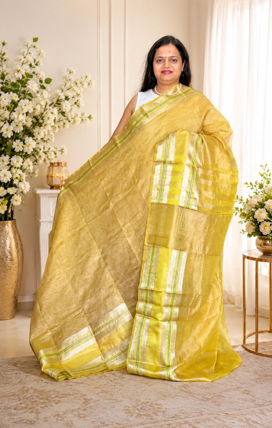 Yellow Banarasi Crushed Tissue Silk Saree