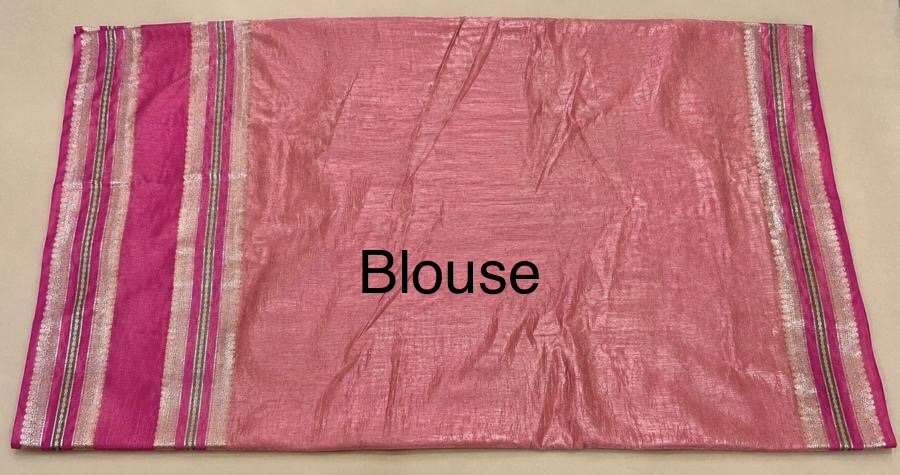 Dusty Rose Pink Plain Banarasi Crinkle Tissue Saree with Silver Zari Border and Leaf Green Detailing