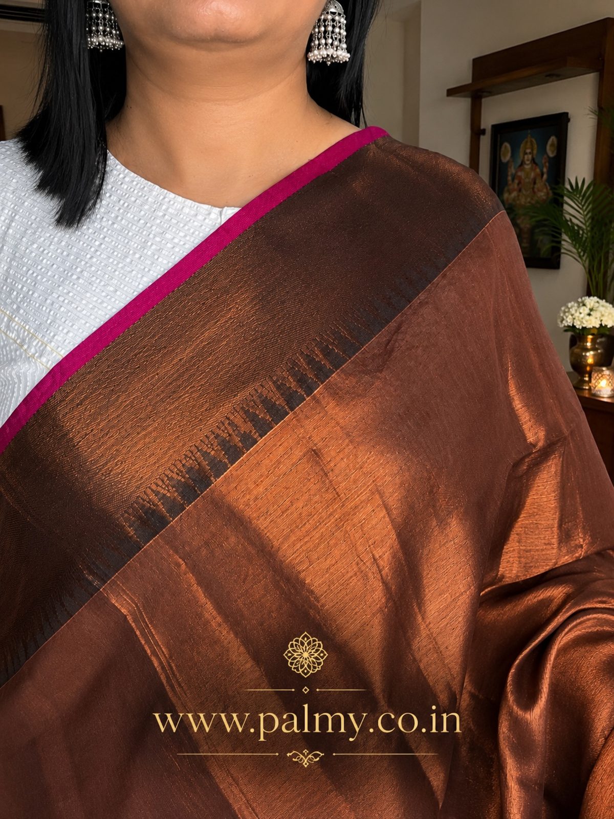 copper-brown-gold-soft-silk-saree-rani-pink-border-palmy Festive Saree