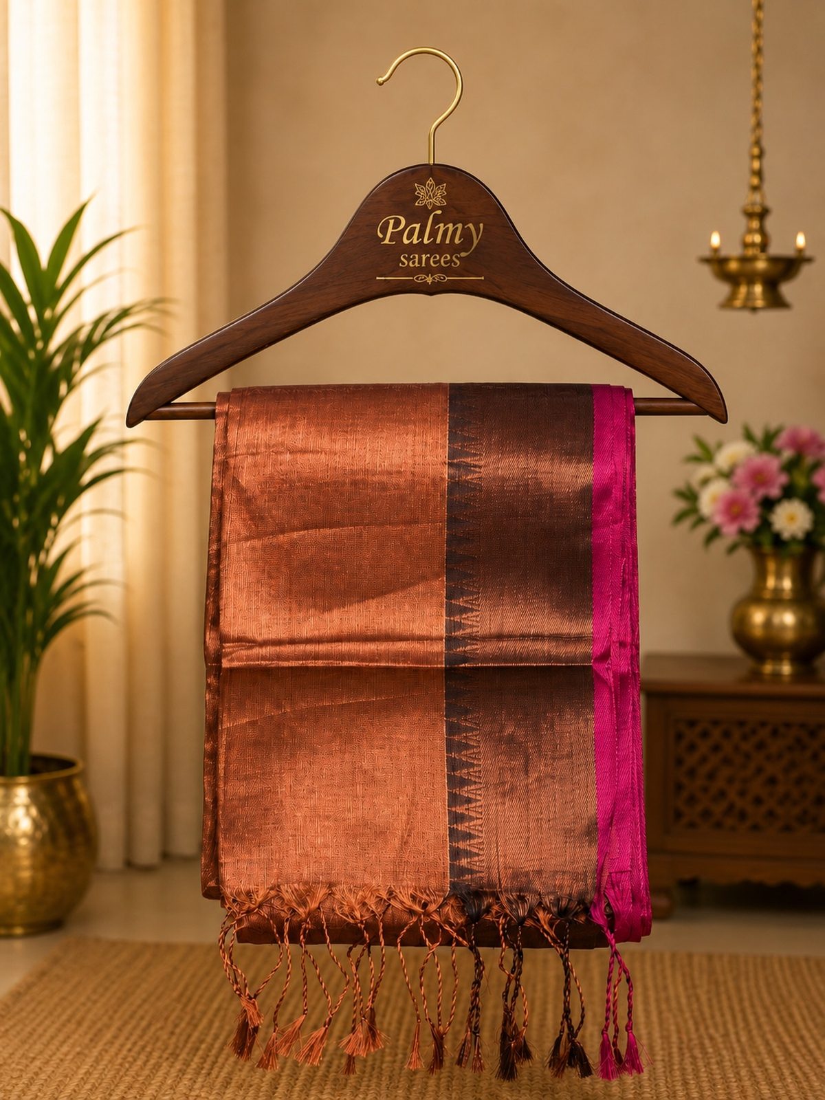 copper-brown-gold-soft-silk-saree-rani-pink-border-palmy Functional Saree