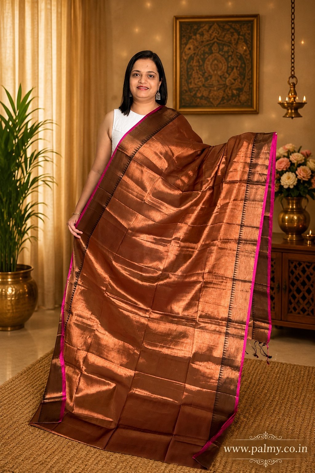 copper-brown-gold-soft-silk-saree-rani-pink-border-palmy Party WearSaree