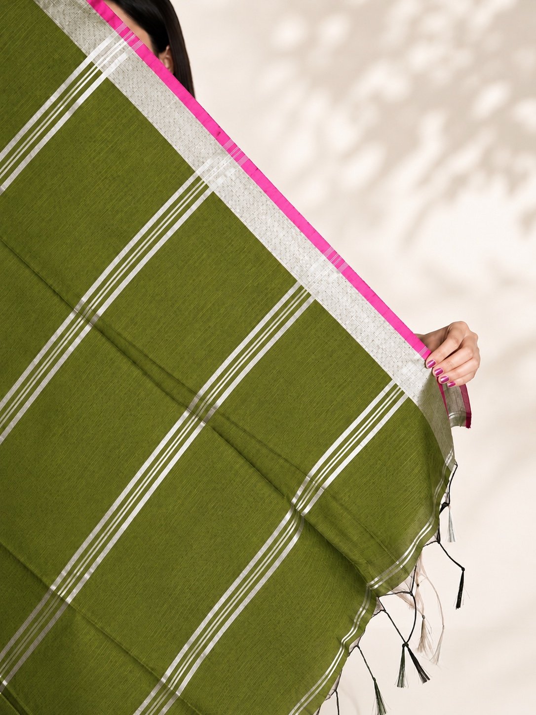 Dark Olive Green (Mehendi Green) Cotton Silk Saree with Peacock Embroidery & Silver-Rani Pink Border