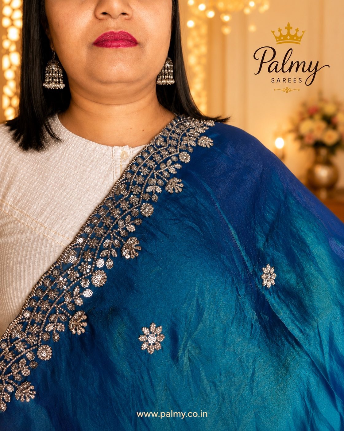 peacock blue designer saree